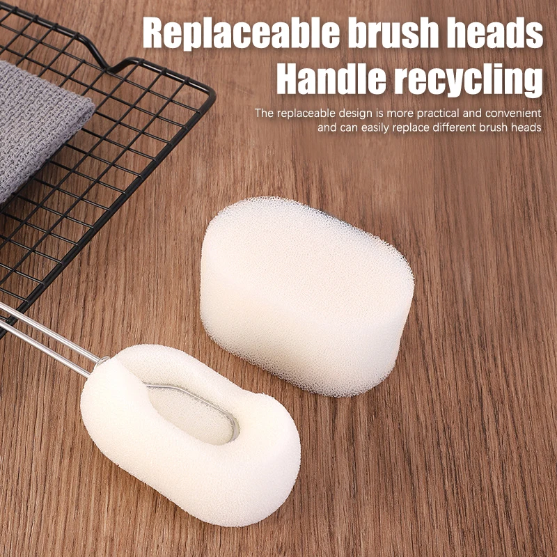 

Long Handle Cup Brush Bottle Cleaning Sponge Scrubber Stainless Steel Handle Replaceable Brush Head Cup Brush Cleaning Tools