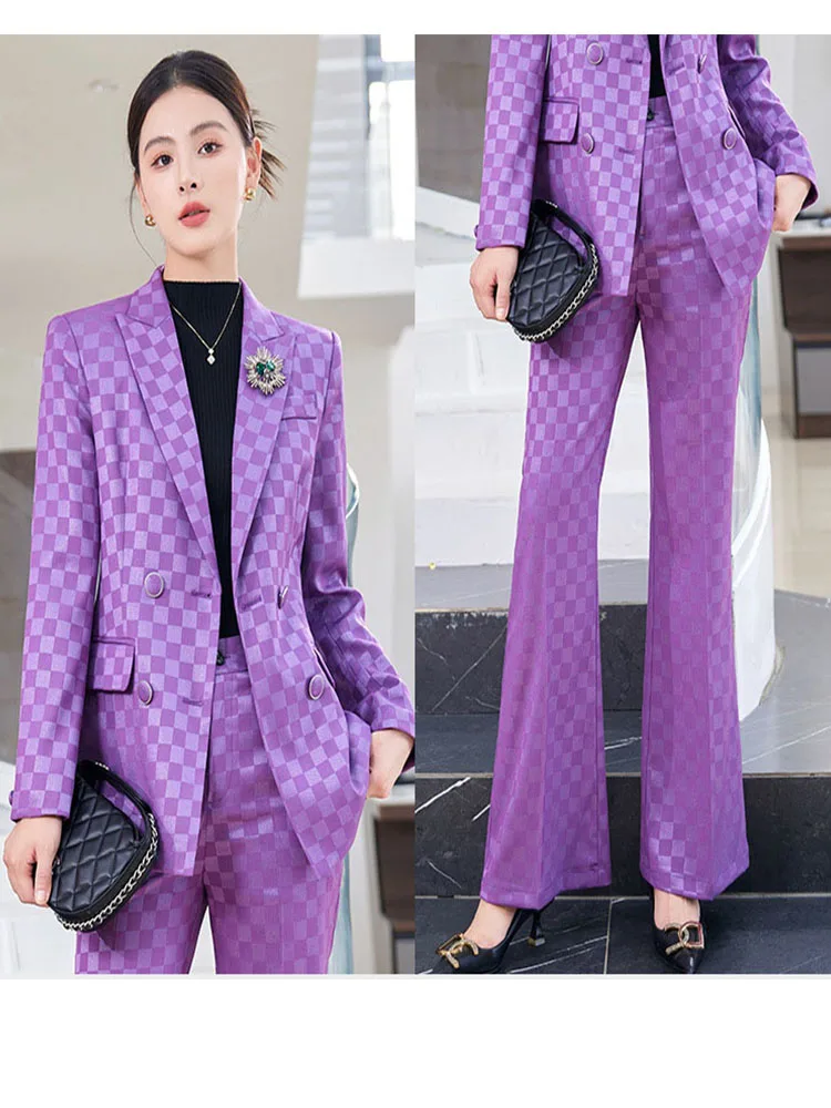 Tesco Casual Women Pantsuit 2PCS Double Breasted Blazer Flare Pant Plaid Suit Set Formal Office Lady Chic Business ropa de mujer