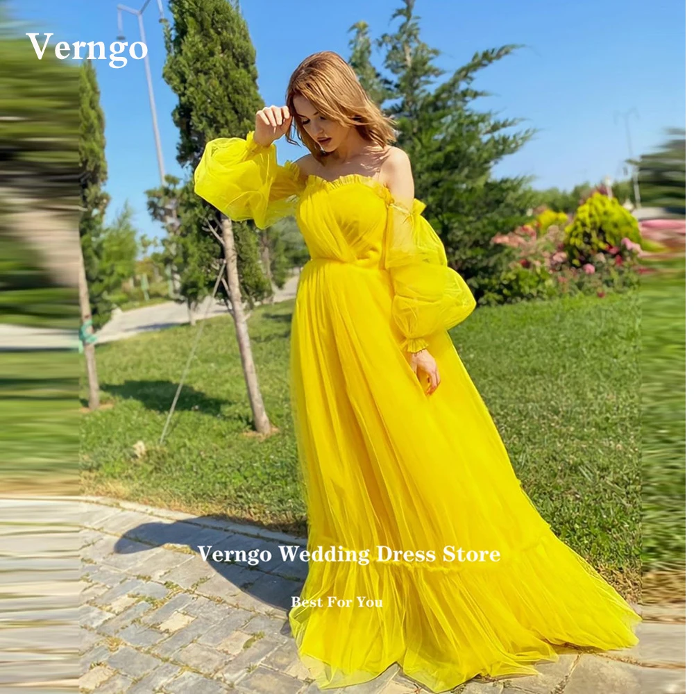 

Verngo Yellow Empire Simple Tulle Prom Dresses For Pregnant Dubai Women Party Dress Puff Long Sleeves Princess Evening Gowns