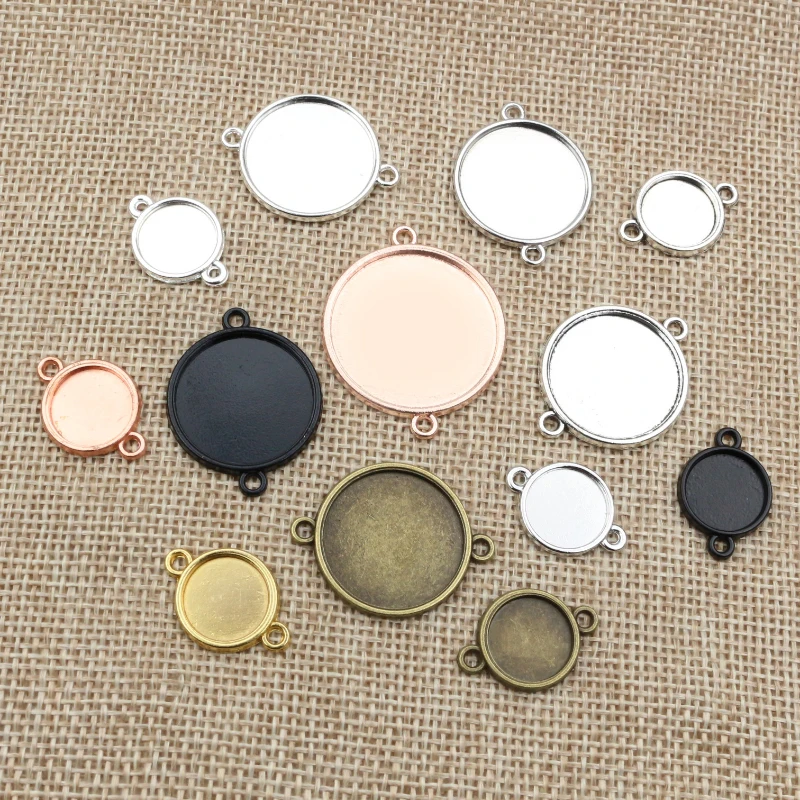Round Bronze, Gold, and Silver Plated Cabochon Base Pendant - Simple Style, Double Hanging