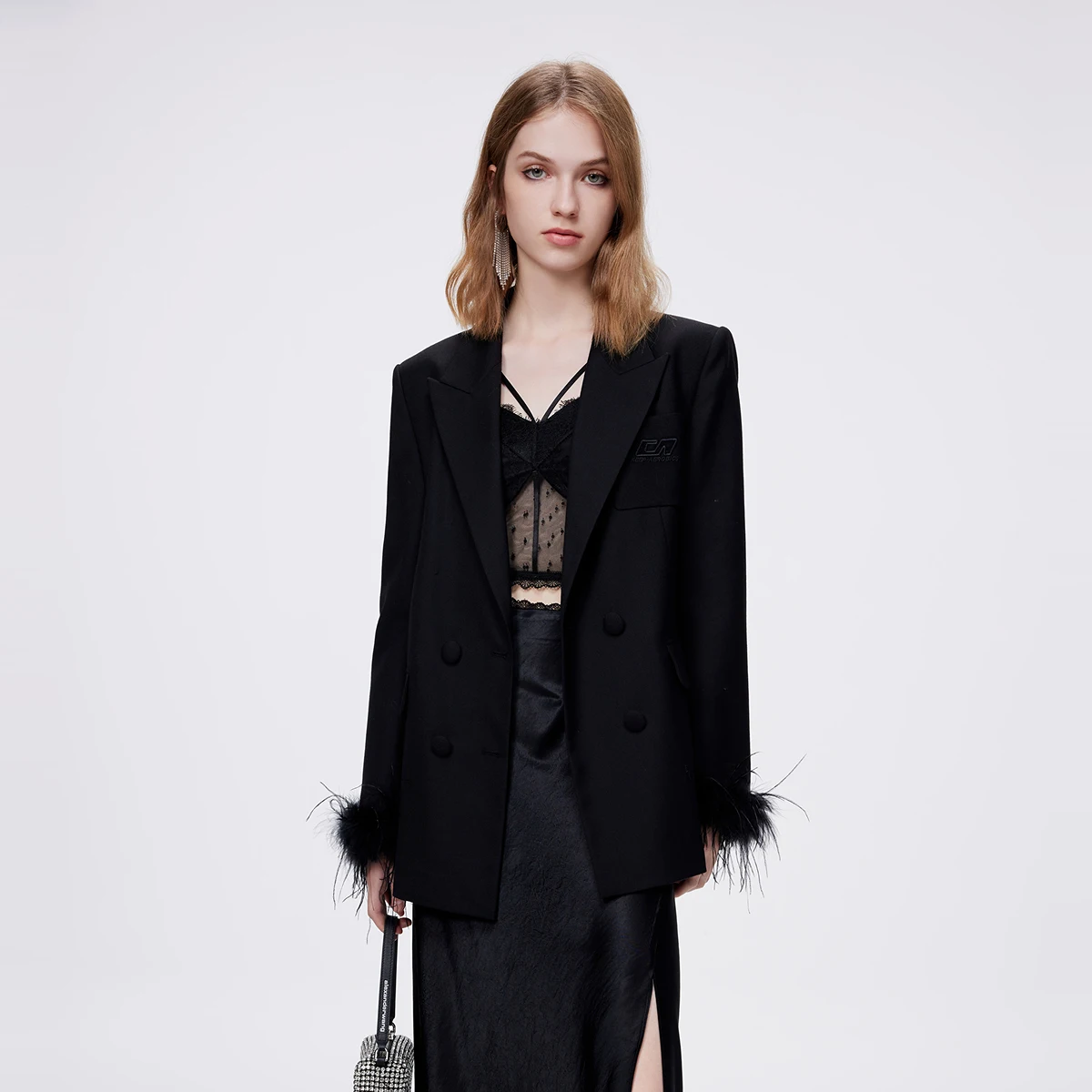 

Lazy Style Loose Black Blazer Jacket 2024 New Spring Ostrich Feather Cuffs Women's Mid Length Long Suit Oversized Jacket Coat