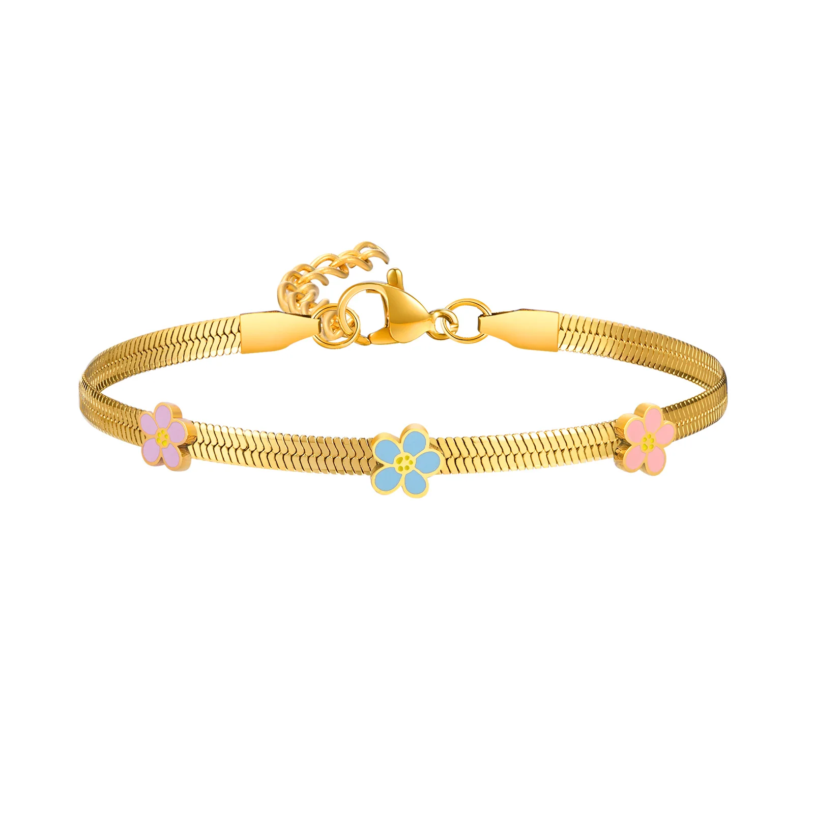 Bracelet Chaîne Fleurs Noir Acier Inoxydable - Réglable, Or Jaune Plaqué - Neuf Sans Emballage