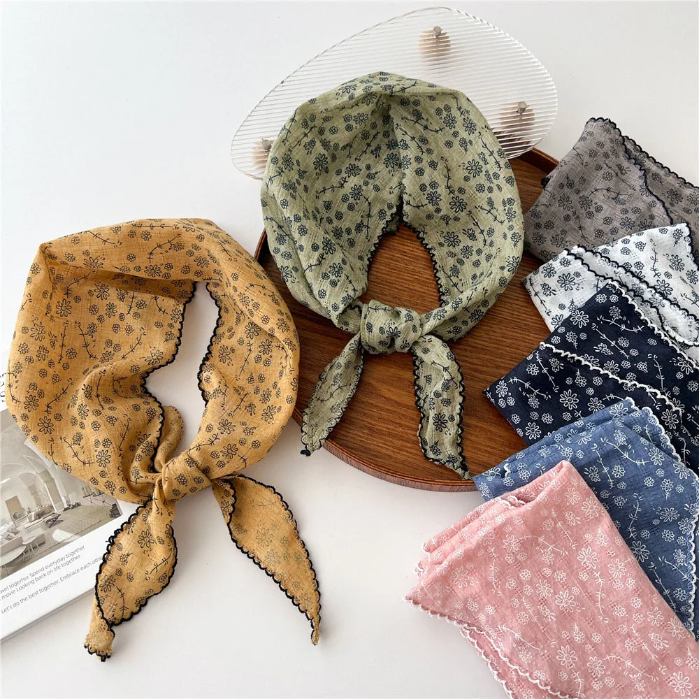 Small Flower Triangle Scarf Women Cotton Linen Scarves All-match Decorative Shawl Korean Version Shawl for Ladies Neckerchief 3