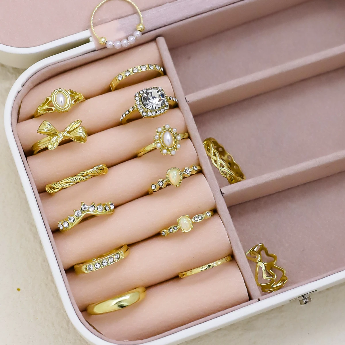15pcs/Set Fashion Gold Rings With Bow, Flower, Leaf And Faux Pearl Designs, Suitable For Women's Daily Wear Jewelry Accessories 2