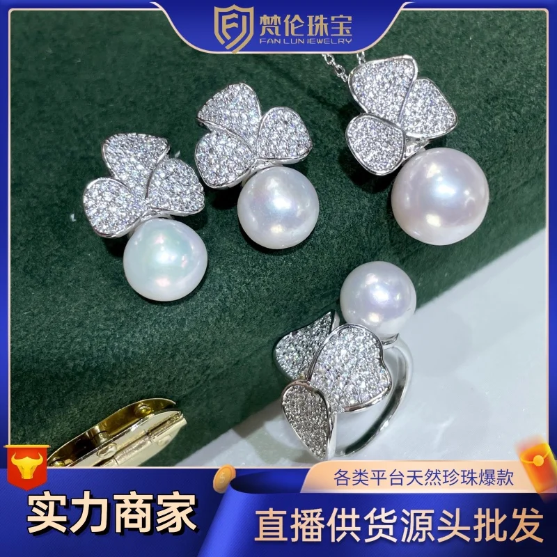 

New Natural Freshwater Pearl Suit round Gold Injection Eardrops Stud Earrings Ring S925 Silver Ear Studs