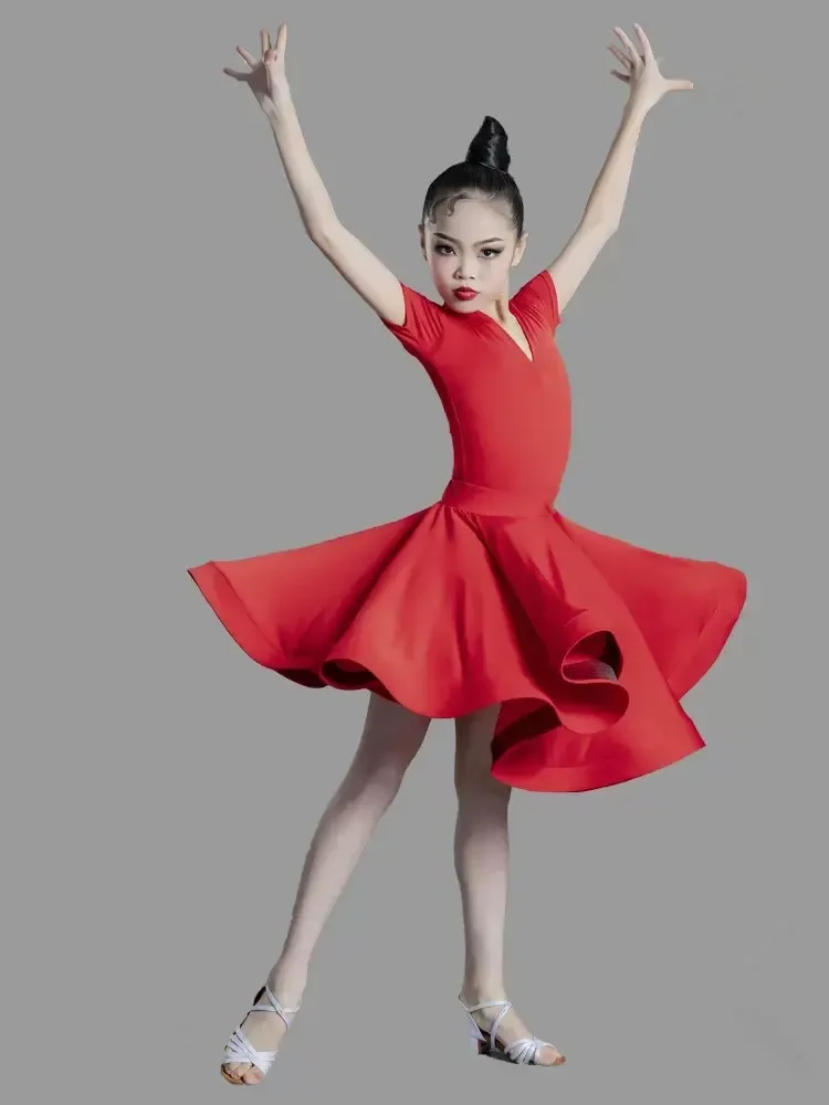 Children Latin Dance Costume For Professional Competition Girls Large Swing Dress Children Latin Training Performance