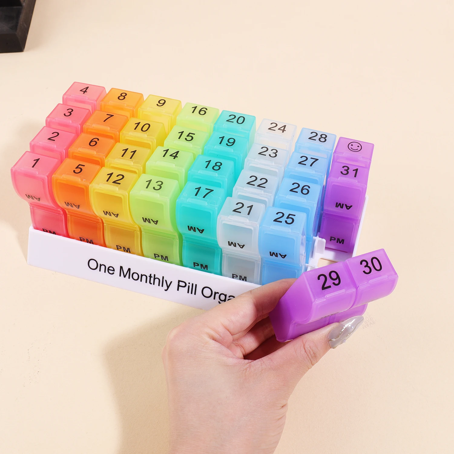 Deluxe 31-Day AM/PM Pill Organizer with Rainbow Detachable Compartments
