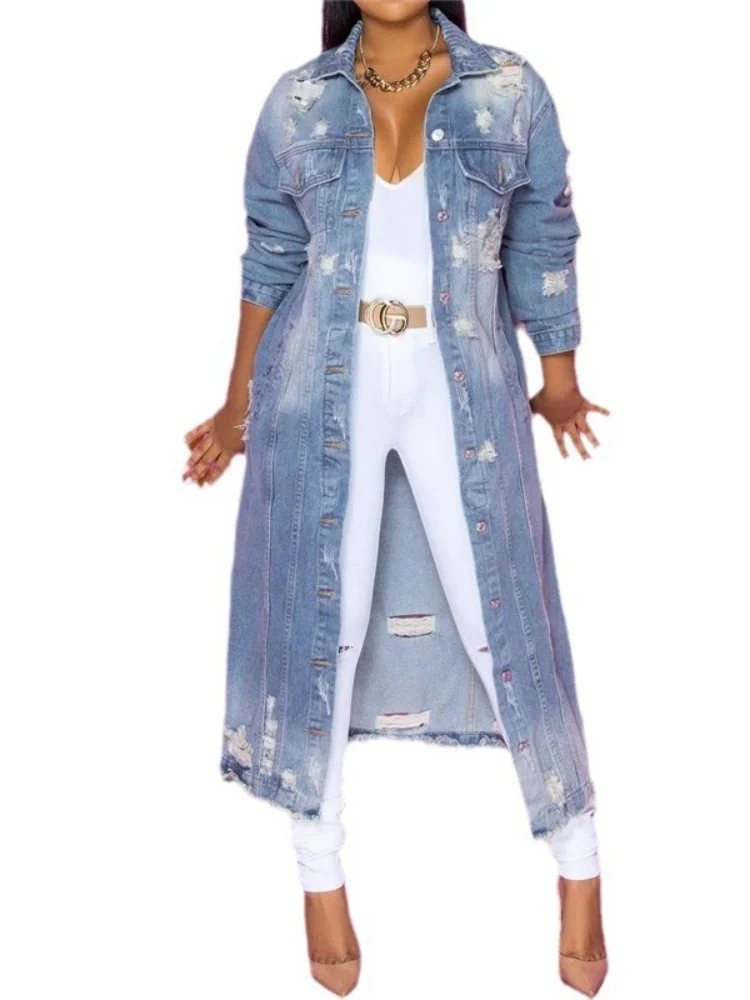 Wmstar Denim Coat Women Wholesale New Button Down Washed Long Sleeved Jacket Mid Length Windbreaker Spring Autumn Europe America