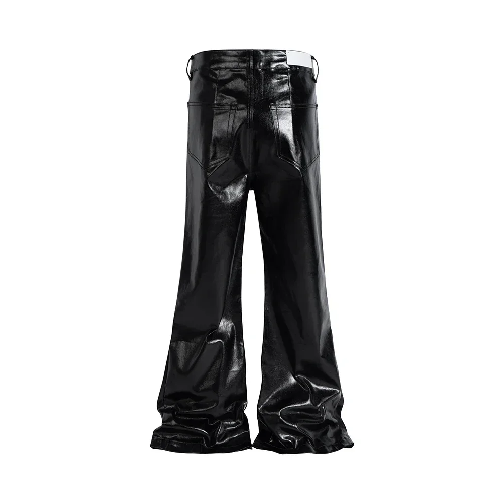 High Street Wide Leg Glossy Pu Leather Pants Sashes Boot Cut Men and Wome Straight Baggy Casual Jeans Oversized Flared Trousers