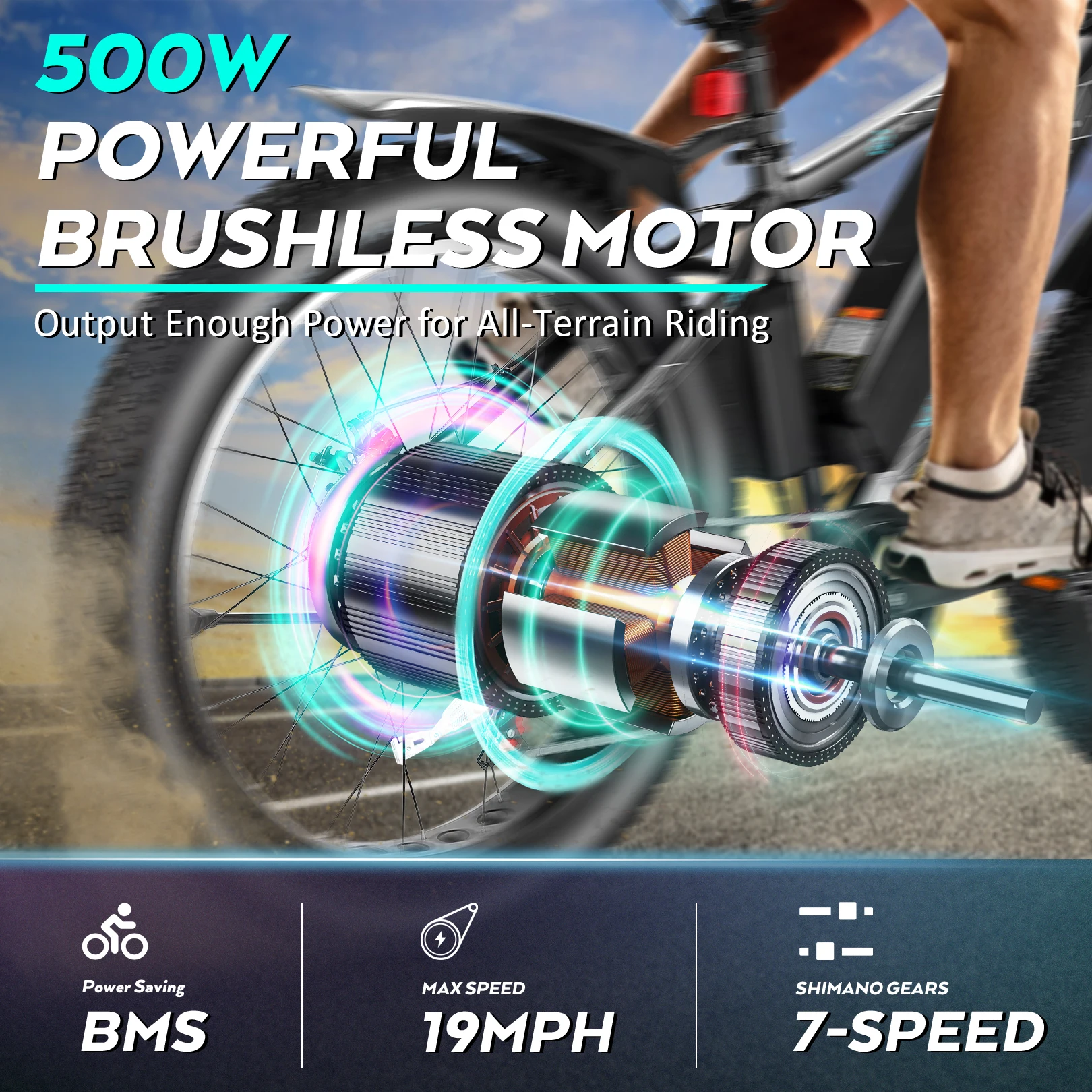 26" x 4.0 Fat Tire Electric Bike 500W Motor 48V 13Ah Removable Battery 7 Speed 25MPH Cruise Control Up to 50 Miles