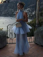 Costume élégant à ourlet à volants pour femmes, jupe plissée bleu clair, sans manches, gilet à lacets, jupe longue ample, tenue de printemps 2026 2