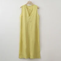 2025 Summer Women Solid Linen V Neck Sleeveless Fashion Dress Split Tank Dress