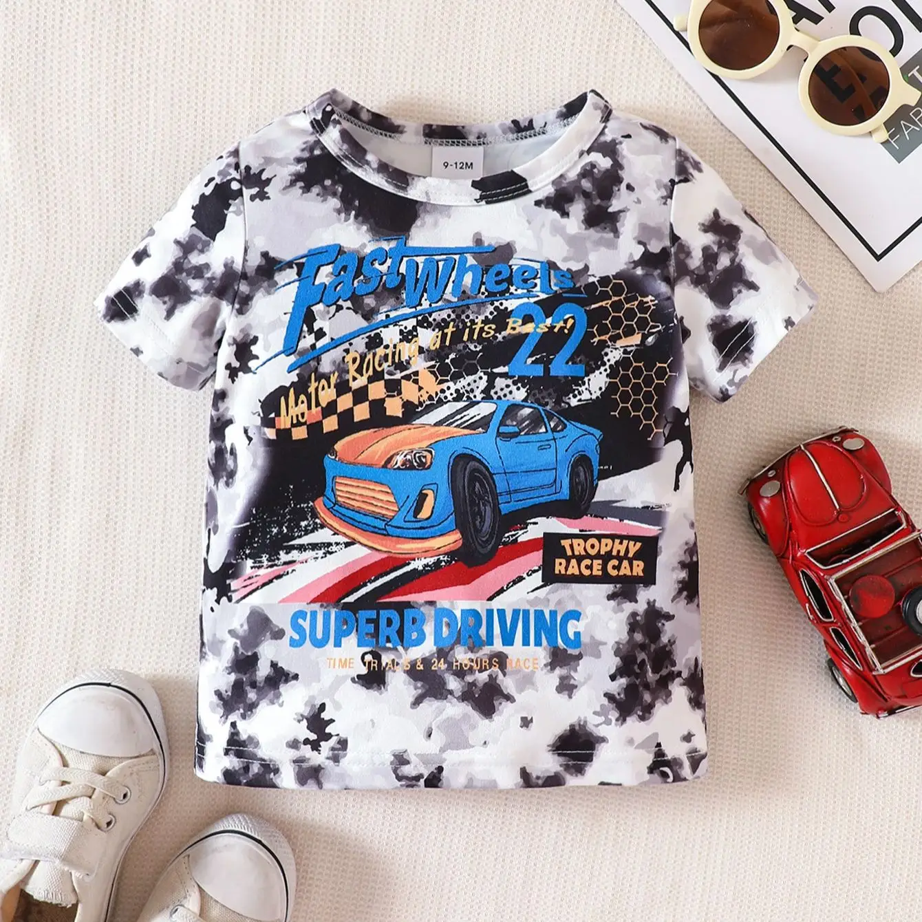 Spring Summer Boys T-Shirt Round Neck Short Sleeve Rendered Car Letter Pattern Top Fashionable Baby Children's Clothing