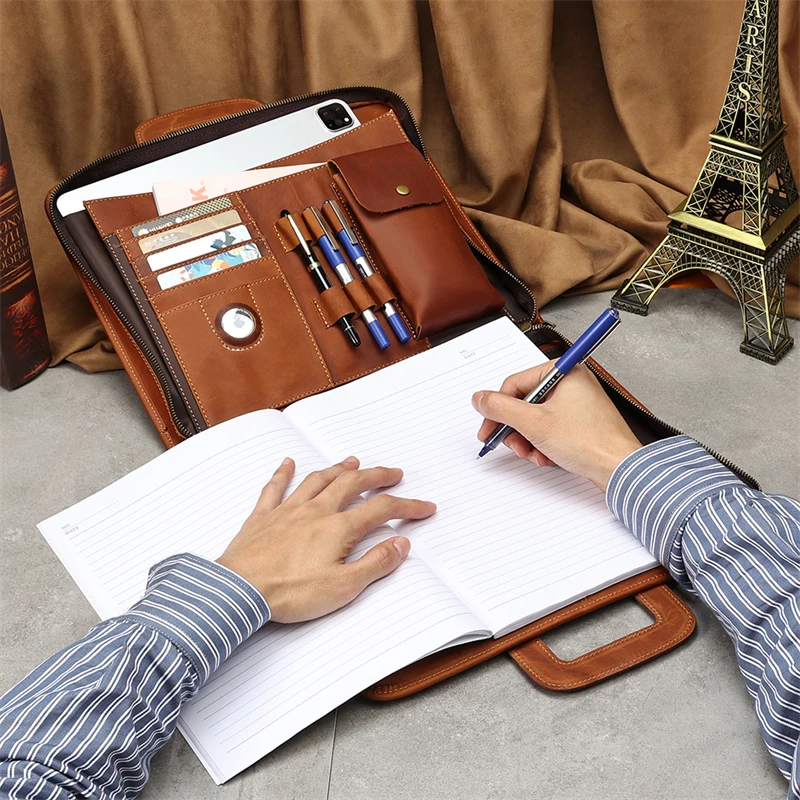 Highend Vintage A4 Brown Top Grain Crazy Horse Genuine Leather Executive Office Women Men Briefcase Handbag Portfolio Bag M2215