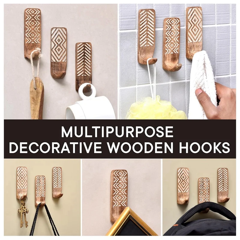 3 Pack Non-Destructive Wood Wall Hooks - Adhesive Wall Hooks - Boho Decorative Wall Hooks 2