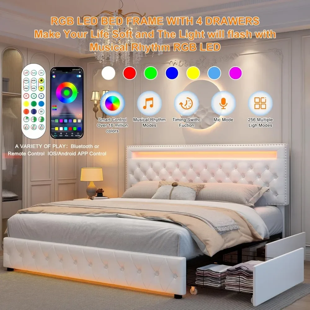 Bed Frame with 4 Storage Drawers, with Smart Control RGBW LED Lights Headboard Footboard, Control DIY Color, Box Spring Optional 5