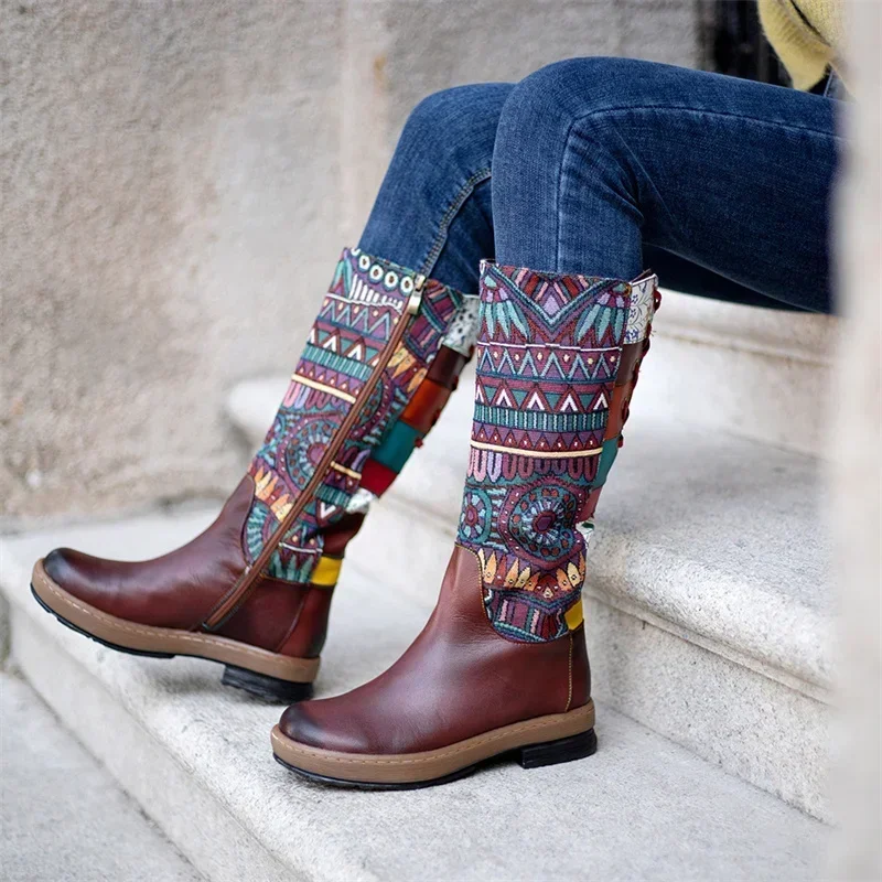 

Модные Ретро Этнические женские ботинки Бохо народные женские кожаные ботинки на плоской подошве с вышивкой и принтом