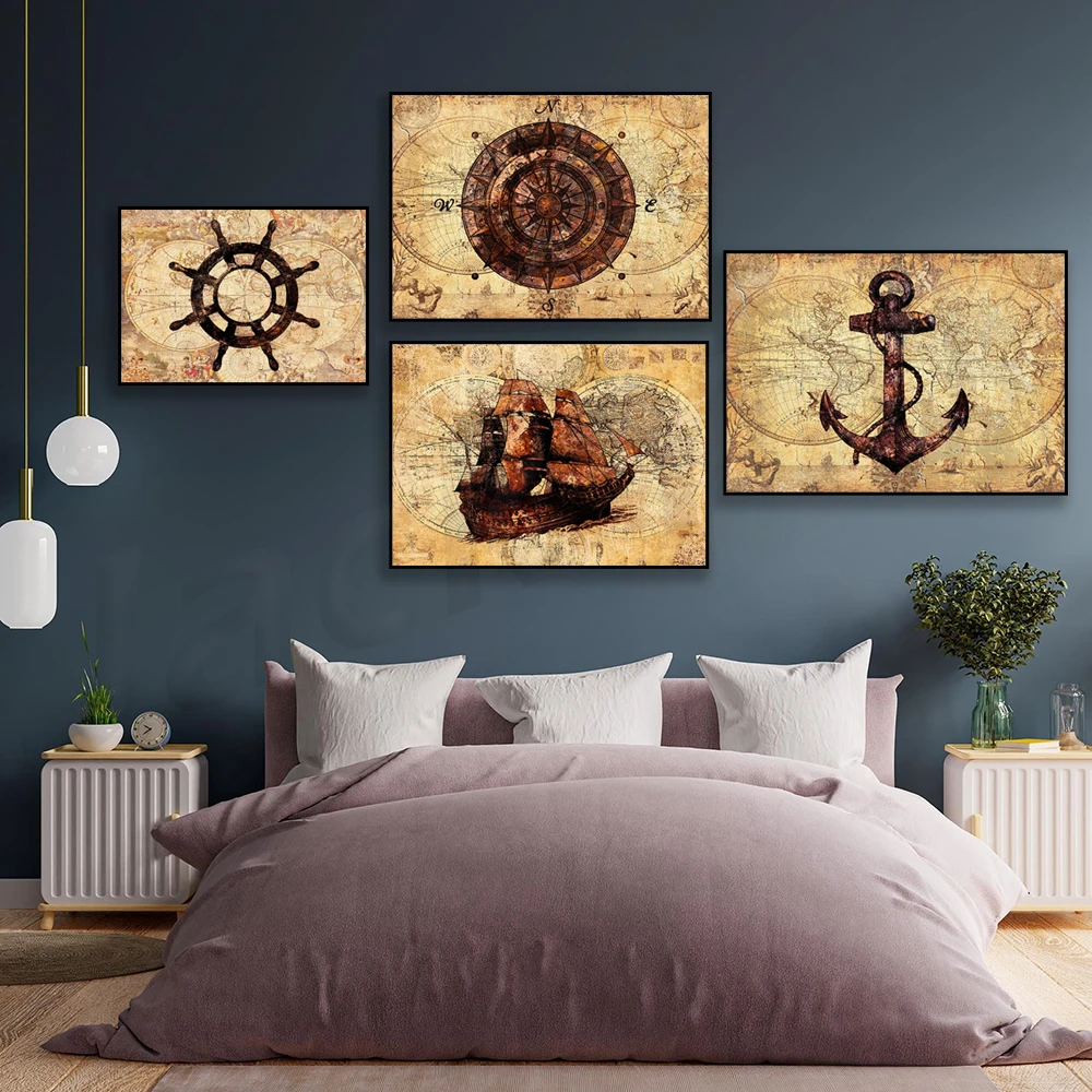 Anchor Nautico, Bussola Nautica, Ruota Nautica Mappa Vintage Stampa Su Tela Beach Office Home Decor Wall Art Idee Regalo