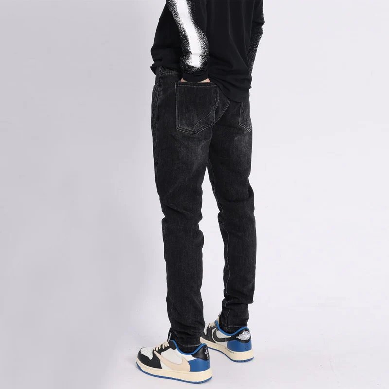 Street Fashion Men Jeans Retro Black Gray Elastic Slim Fit Spliced Biker Jeans Men Wrinkle Patched Designer Hip Hip Pants Hombre