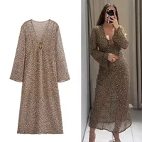 Sexy Sequined Long Pleated Dress Women Deep V-neck Full Sleeve See Through Dresses 2025 Summer Lady Party Evening Dresses ﻿