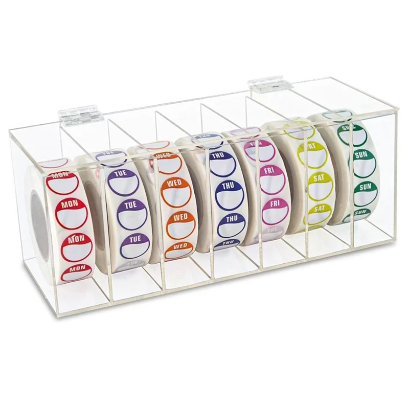 AT69-Acrylic Day Of The Week Covered Label Dispenser 7-Slot Wall Mount Sticker Roll (No Label)
