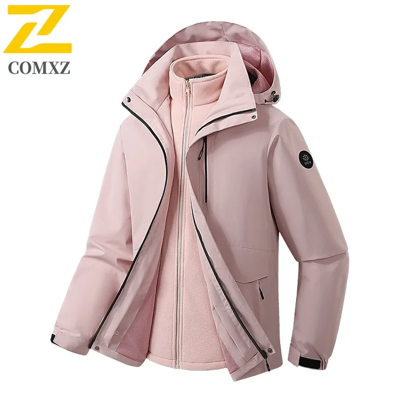 COMXZ Men Windbreaker Detachable 3-in-1 Minimalist Hooded Outdoor Hiking Camping Coat Big Size Travel Wear Resistant Outerwear