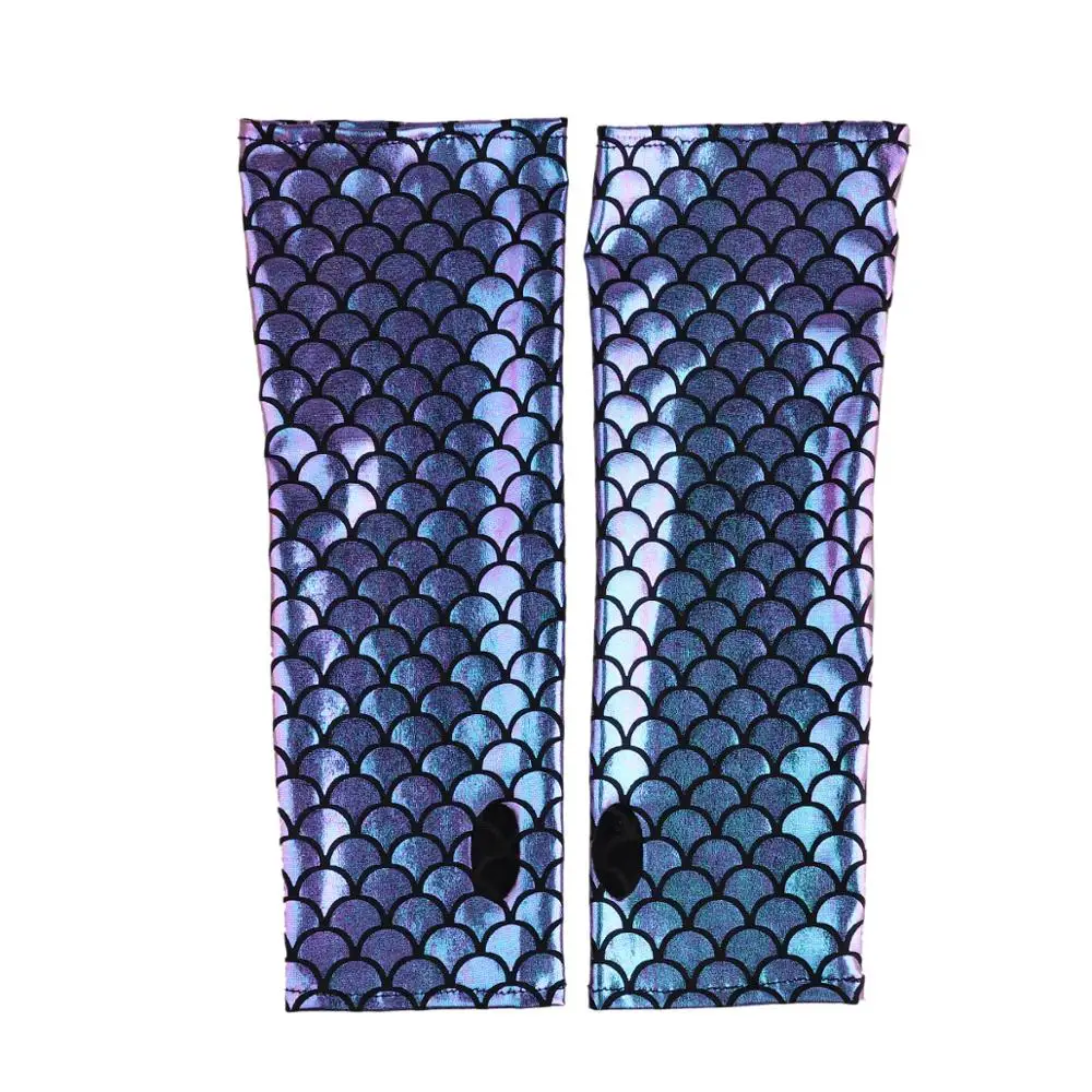 Women Mermaid Costume Fish Scale Pattern Printed Fingerless Long Gloves Arm Sleeves Adult Halloween Cosplay Costume Accessory