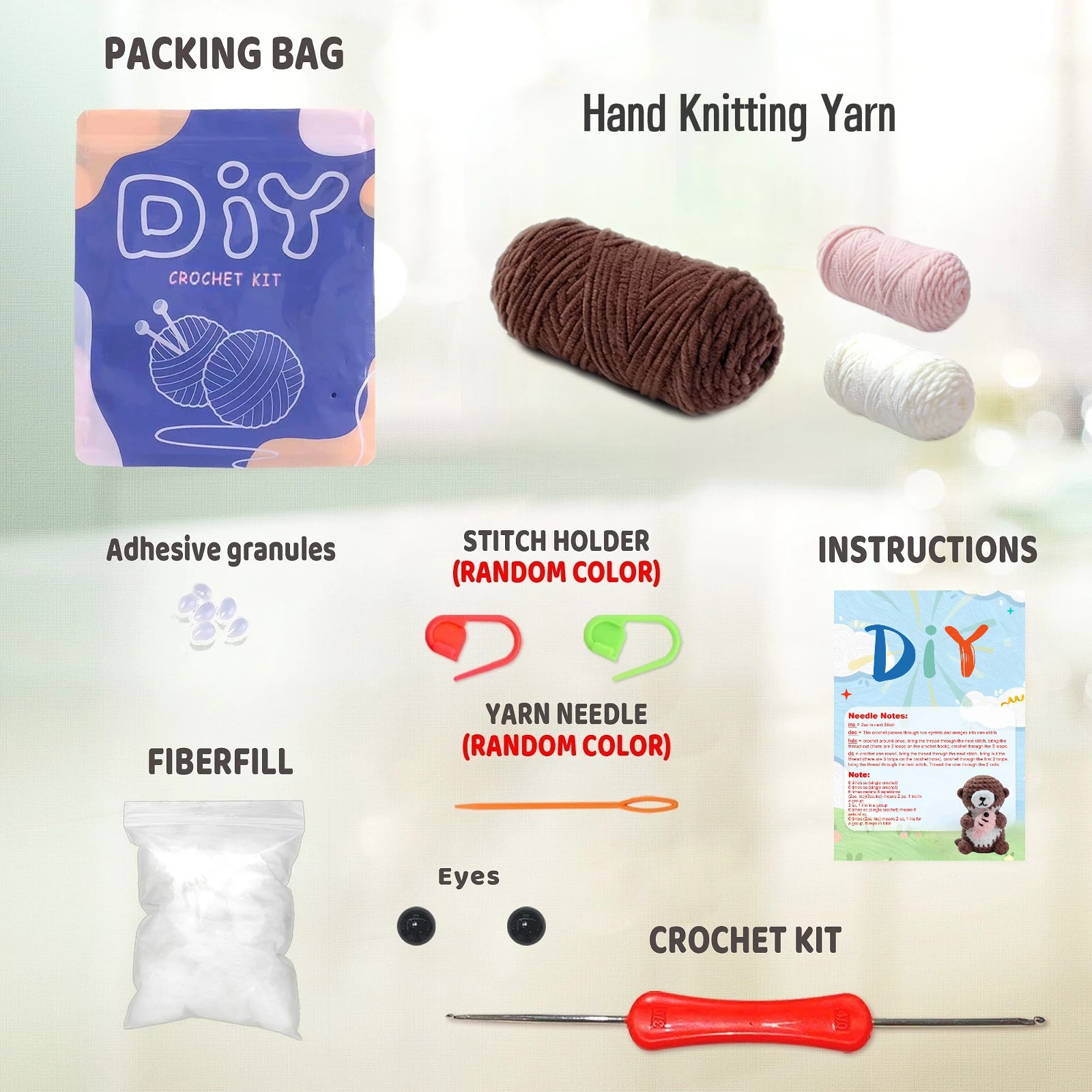 비버 모양 초보자용 크로셰 키트 DIY 재료 세트 (교육 영상 포함, 랜덤 액세서리 색상)