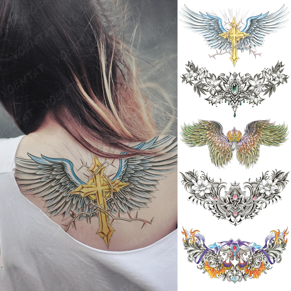 

Chest Tattoo Stickers Color Cross Wings Thorns Waterproof Temporary Fake Tatoo Large Waist Shoulder Sexy Body Art For Men Women