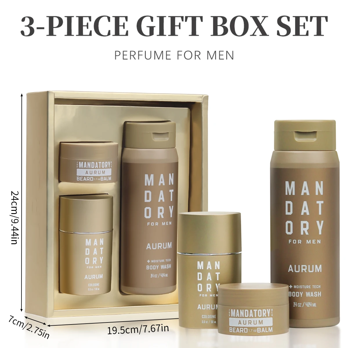 MANDATORY Men's Fragrance Set Gift 2.0 Oz Eau de Toillete Cologne Spray Body Wash 14 Oz Shower Gel 1.7 Beard Balm 3pcs Gifts