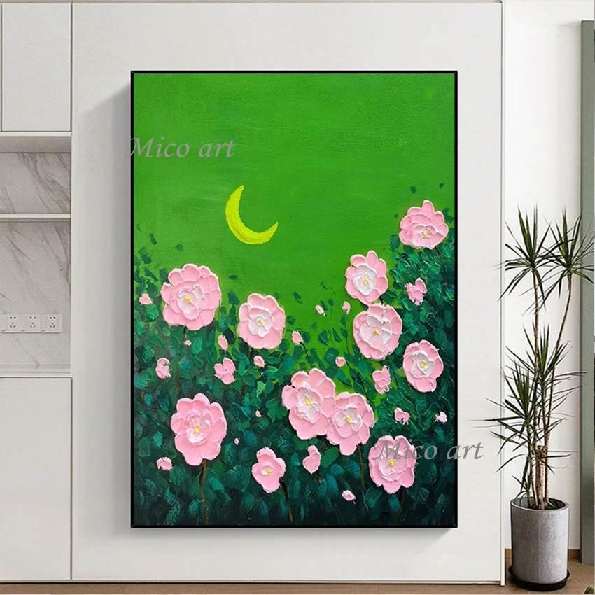 

Moon Hand Painted Unframed Pink Acrylic Texture Abstract Flowers Pictures Pure Handmade Outdoor Wall Art Easy Canvas Painting