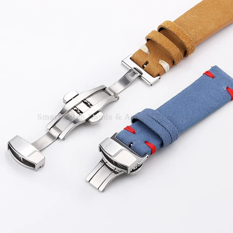 Vintage Handmade Suede Stitch Leather Watch Strap with Quick Release and Folding Clasp