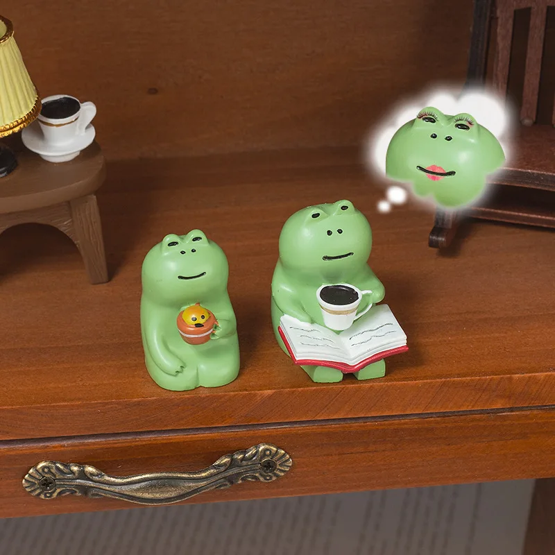 1/4pcs Mini Frog Resin Figurine Small Table Lamp Ornament Rocking Chair with Book Coffee Home Office Desktop Healing Craft F7744