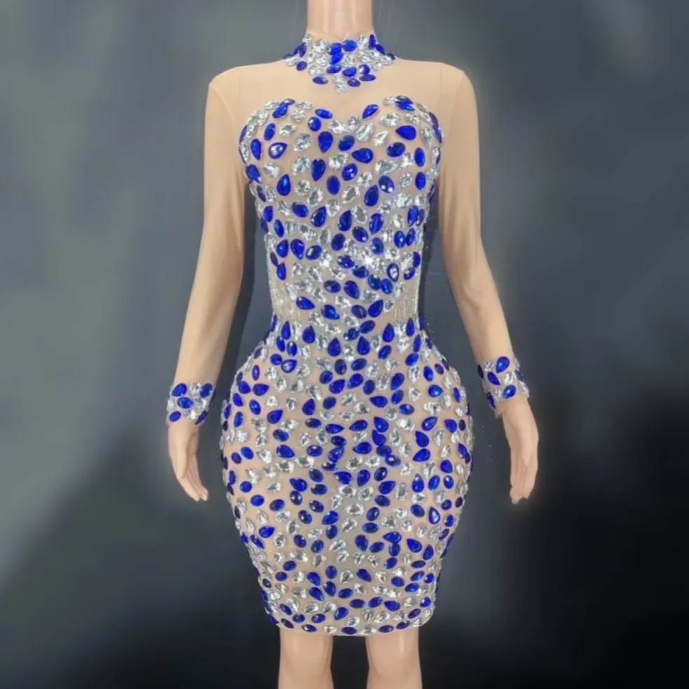 

Sexy Blue See-through Dresses Sparkling Diamond Turtleneck Bodycon Hip Dress Celebrity Fashion Birthday Party Dress Stage Dress