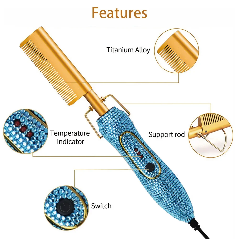 Hot African Hair Straight High Heat Press Comb, Mini Hair Straightener Pressing Electric Bling Hot Comb