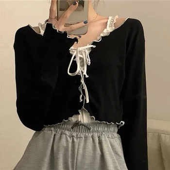 Gyaru-여성을위한 짧은 긴 소매 셔츠, 달콤한 멋진, 틈새 디자인, 세련된 탑, 한국 스타일, 디자인 감각, 이른 가을