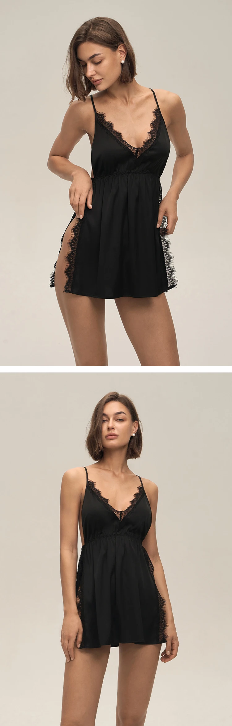 CINOON Camisón de satén con encaje sexy para mujer, camisón con abertura lateral y cuello en V profundo, lencería con tirantes finos, vestido de dormir negro suave