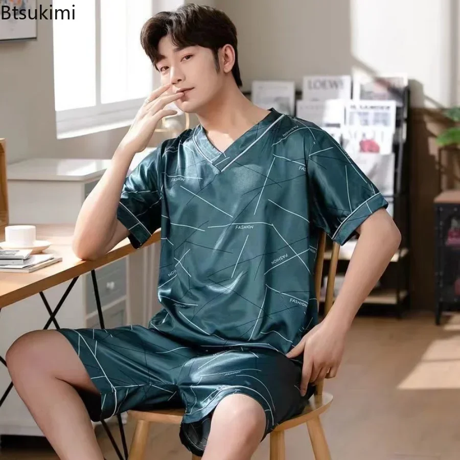 2026 Men's Pajamas Short Sleeve Summer Ice Silk Home Clothing Men's Summer Casual Thin Cardigan Men Sleepwears Set Home Clothing