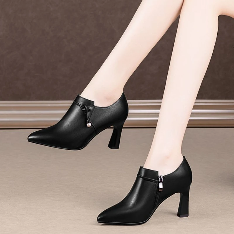 British Style Small Leather Shoes 2024 New Pointed High Heels Women's Spring and Autumn Design Retro Deep Mouth Women's Shoes 2