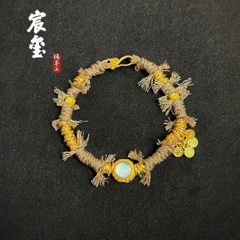 

Ins Coated Handstring Hammer Bracelet Running Ring Tibetan-style Hand Rope 24K Gold Plated Ancient Method Kish Words Couple's