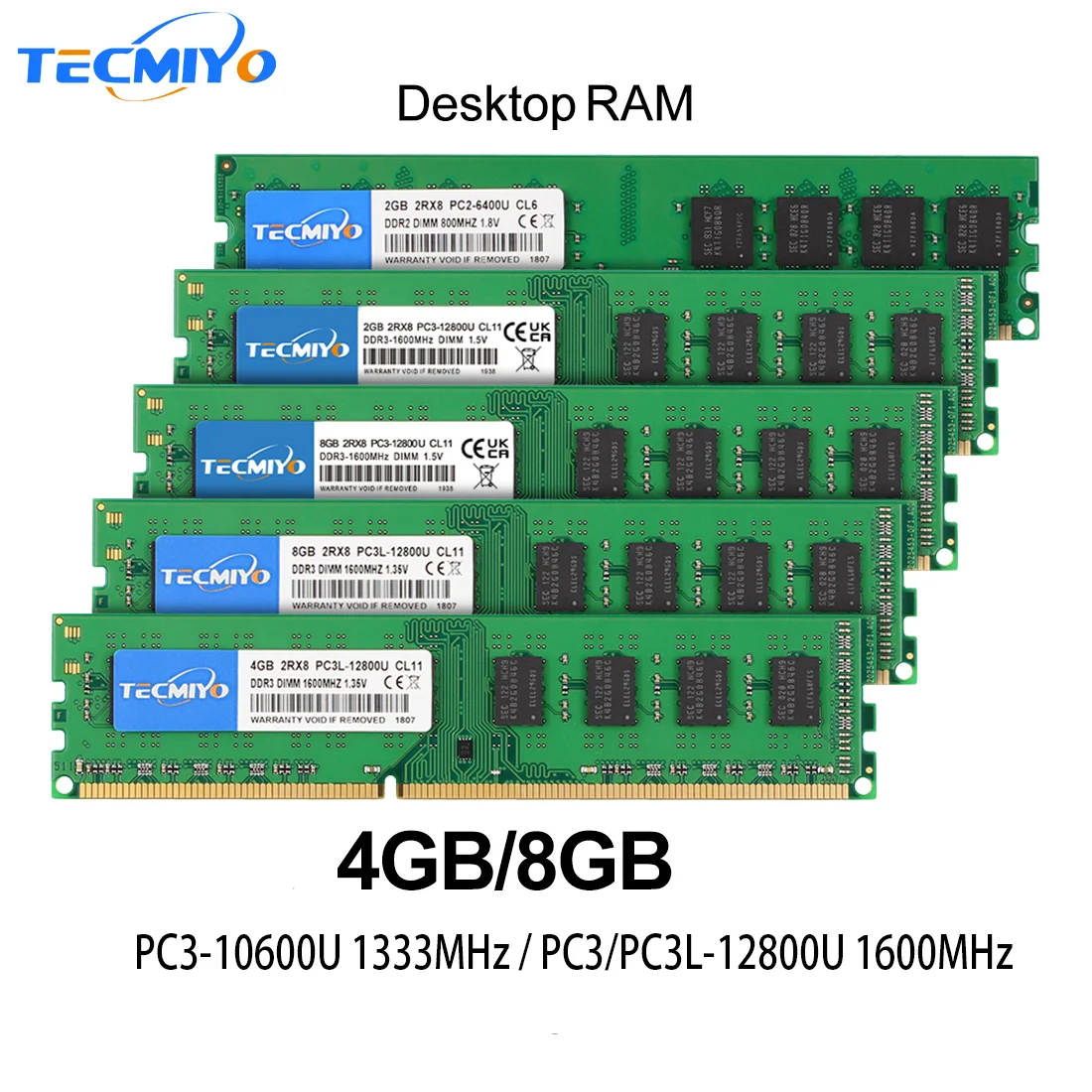 Barrette RAM DDR3 1600MHz PC3L-12800U 1.35V - 8Go, 4Go Ou 2Go Pour PC Bureau