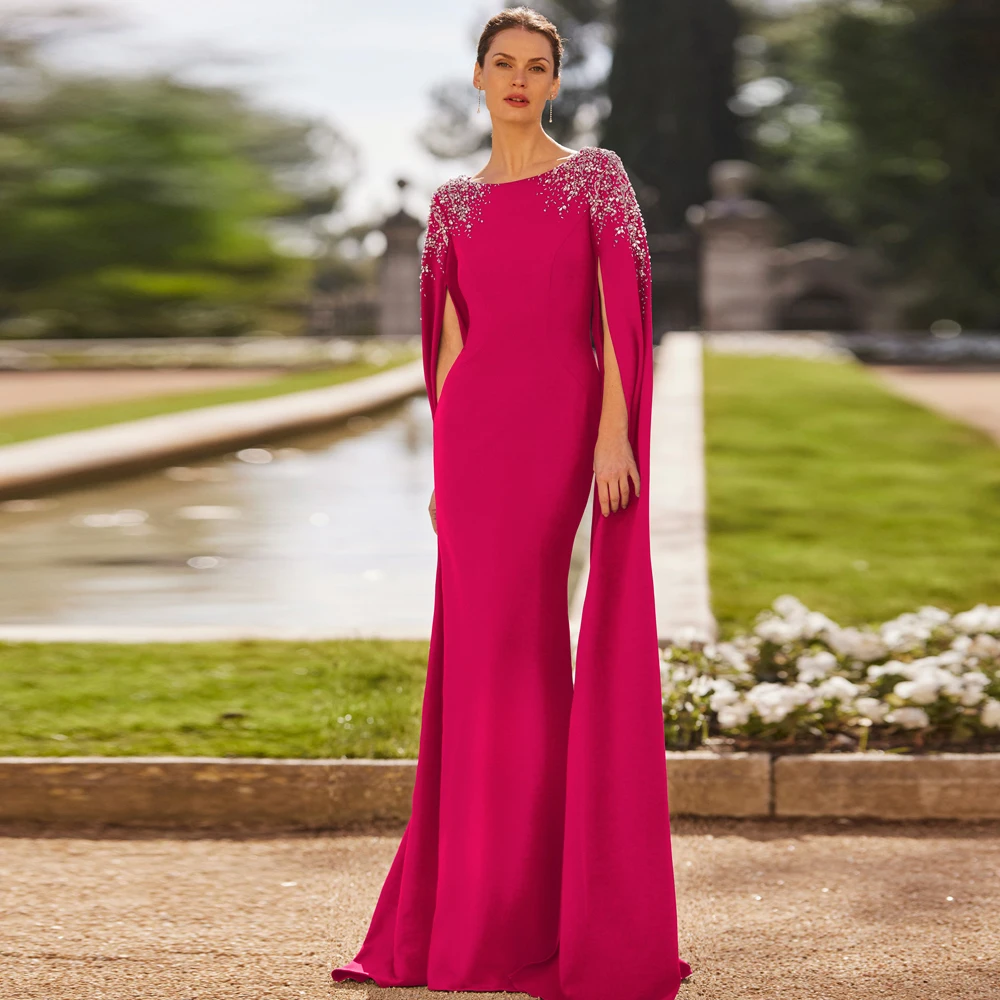 

Elegant Fuchsia Mother of the Bride Dresses O Neck Long Sleeves Wedding Party Gowns Beadings Floor-Length Mermaid فساتين السهرة