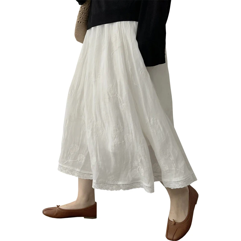 Spring Maternity Cotton Linen Belly Skirts with Floral Embroidery Good Quality Pregnancy Midi Skirt Sweet A-line Skirt
