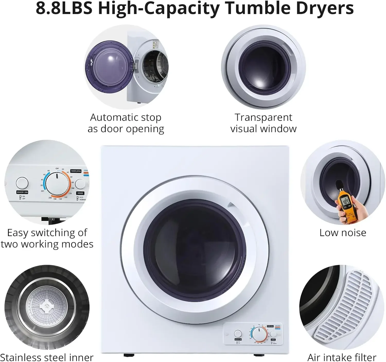 Portable Laundry Dryer Dries Up to 13.2LB Compact Laundry Dryers, 3.5 cu.ft Front Load Tumble Stainless Steel Ele 3