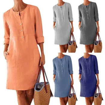 Women Casual Soild Long Sleeve Cotton And Linen Tunic Dress Vintage Straight Dress Long Sleeve Oversized Mini Knee-Length Dress 1