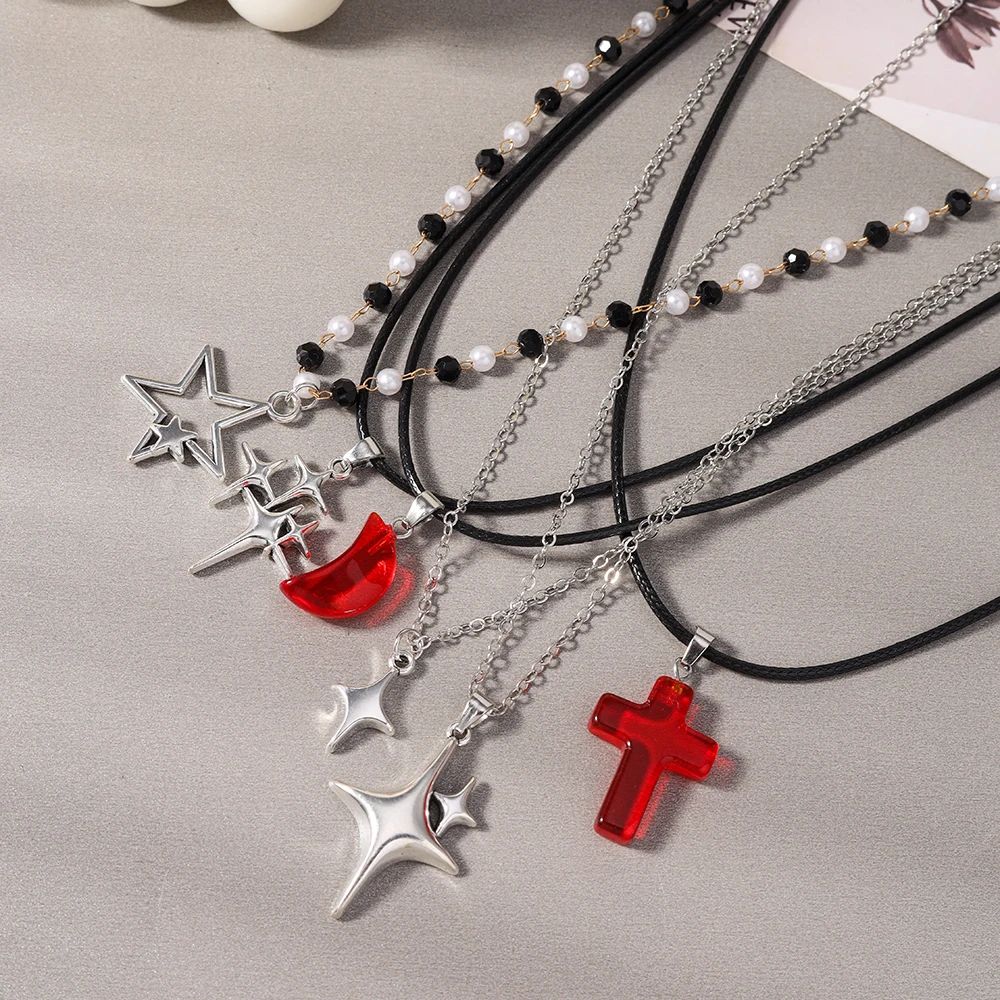 Aihua Neue Koreanische Mode Mond-Polaris-Stern-Anhänger Halskette für Damen und Herren Schwarze Seilkette Choker Y2k Party Schmuck Geschenke