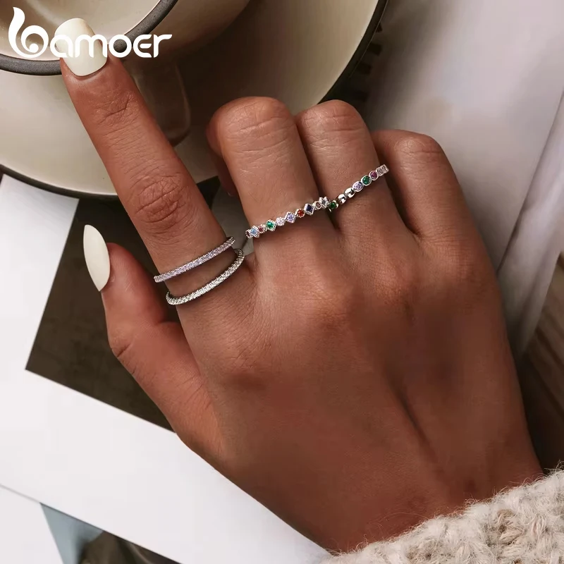 Silver Rings 925 Sterling Silver Rainbow Full Zircons for Women Trendy Dazzling Stackable Bezel Finger Ring Jewelry Gift