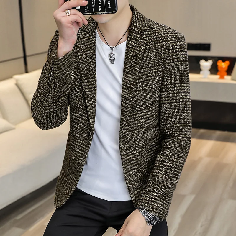 New Simple Atmosphere Men's Small Suit Korean Version Slim Top Handsome Casual Plaid Single Suit Trend Formal Coat Men 3