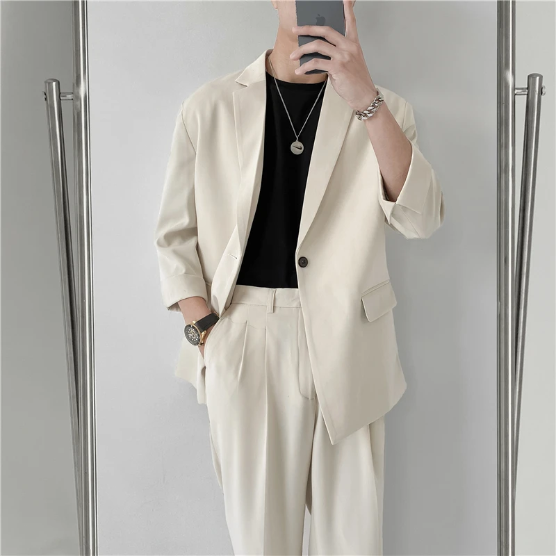 2022 Fashion Summer 2-piece Set Solid Color Single-breasted Casual Simple Student Wear Homme Loose Suits Wear (Blazers + Pants) 5