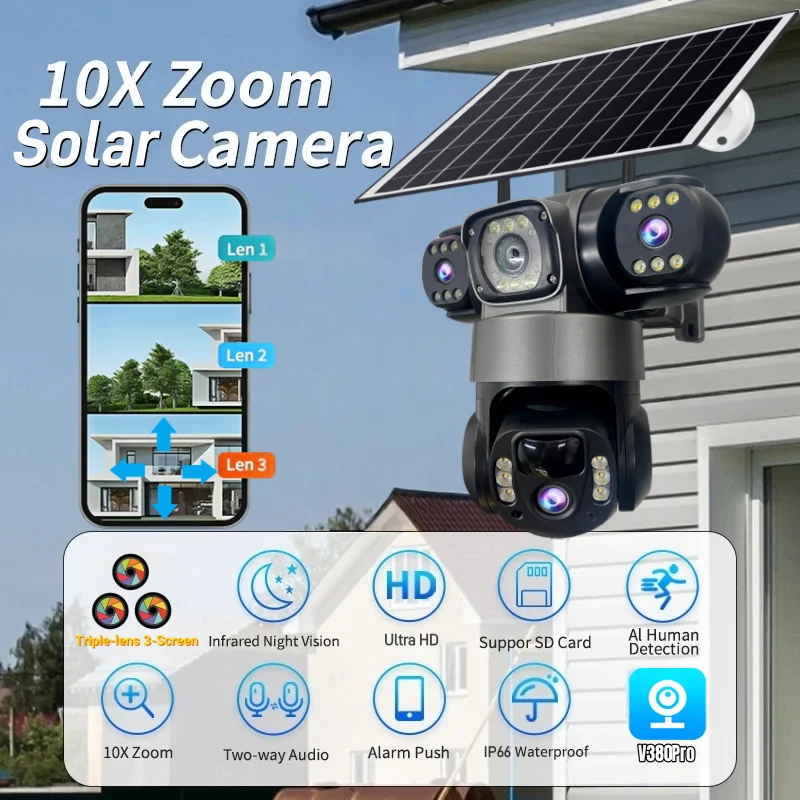 Solar 4G Camera 15MP Three Lens Three Screen Zoom Monitor Night